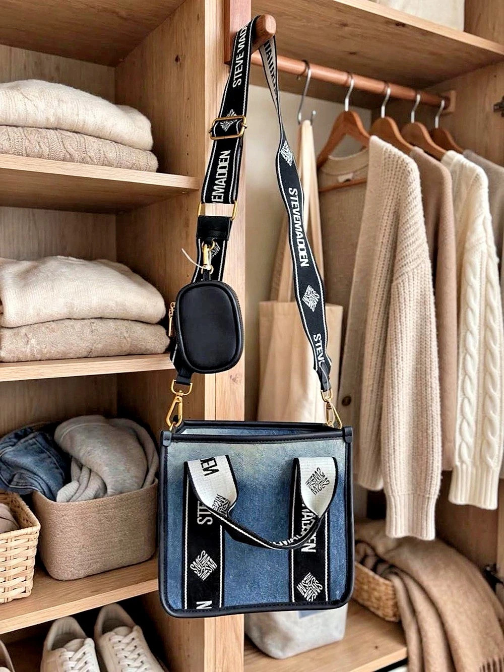 Steve Madden Denim Tote Crossbody Bag with Mini Pouch – Black Logo Strap